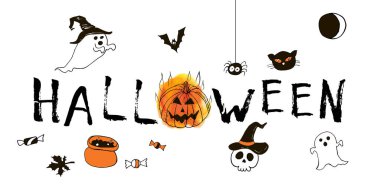 Cadılar bayramı tebrik kartın kutlu olsun. Vektör stoğu ayarlandı. Harfleri olan sevimli karikatürler. Tatil geçmişi. El yapımı tasarım elementleri. Kartpostallar, selamlar, logolar.