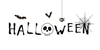 Cadılar bayramı tebrik kartın kutlu olsun. Vektör stoğu ayarlandı. Harfleri olan sevimli karikatürler. Tatil geçmişi. El yapımı tasarım elementleri. Kartpostallar, selamlar, logolar.