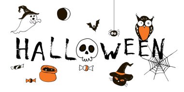 Cadılar bayramı tebrik kartın kutlu olsun. Vektör stoğu ayarlandı. Harfleri olan sevimli karikatürler. Tatil geçmişi. El yapımı tasarım elementleri. Kartpostallar, selamlar, logolar.