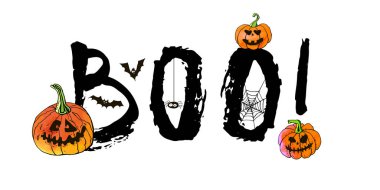 Cadılar bayramı tebrik kartın kutlu olsun. Vektör stoğu ayarlandı. Harfleri olan sevimli karikatürler. Tatil geçmişi. El yapımı tasarım elementleri. Kartpostallar, selamlar, logolar.