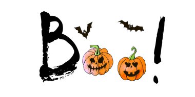 Cadılar bayramı tebrik kartın kutlu olsun. Vektör stoğu ayarlandı. Harfleri olan sevimli karikatürler. Tatil geçmişi. El yapımı tasarım elementleri. Kartpostallar, selamlar, logolar.