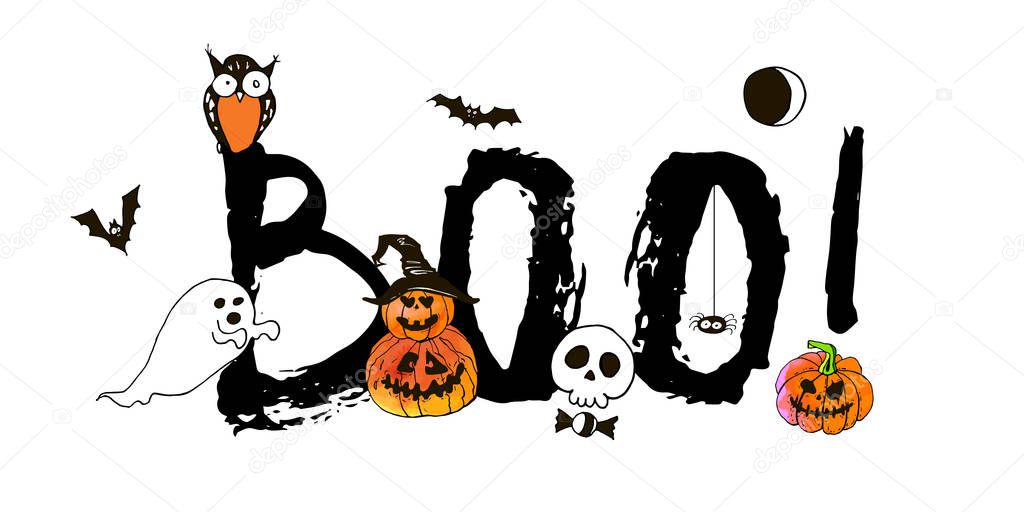 Happy halloween greeting card. Vector stock set. Cute cartoons with lettering. Holiday background. Hand drawn design elements. For postcards, greetings, logo.