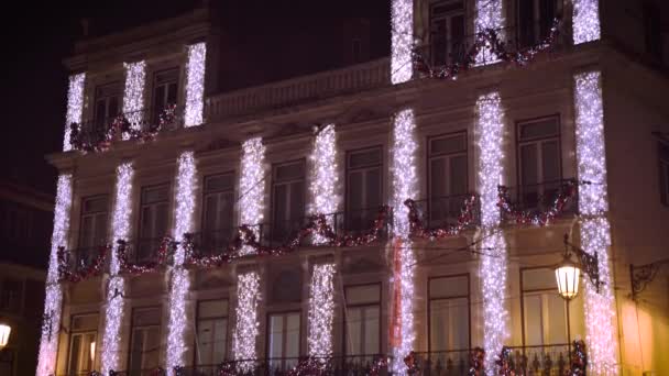 Lissabon Portugal Fidelidade Art Gallery Gebouw Met Kerstverlichting Verticale Lichtstrepen — Stockvideo