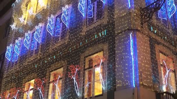 Lissabon Portugal Top Buitensporige Kerst Vakantie Seizoen Verlichting Decoratie Een — Stockvideo
