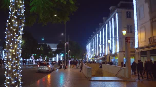 Downtown Rossio Square Edifícios Metro Metro Com Carros Muita Gente — Vídeo de Stock