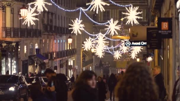 Lisbona Portogallo Stelle Gialle Decorazioni Natalizie Nel Centro Lisbona Centro — Video Stock