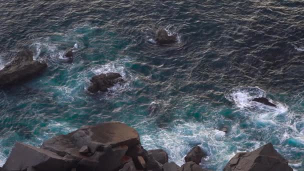 Волны, разрушающие эрозию темных базальтовых пород вблизи берега . — стоковое видео