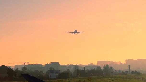 Avión aterrizando al atardecer contra un hermoso cielo dorado — Vídeos de Stock
