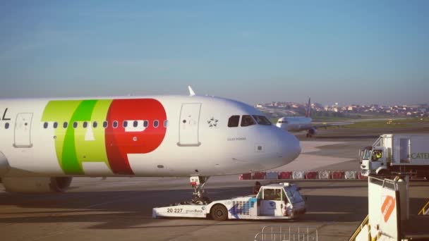 Tap airplane moving backwards undocking from jet bridge — Stock Video