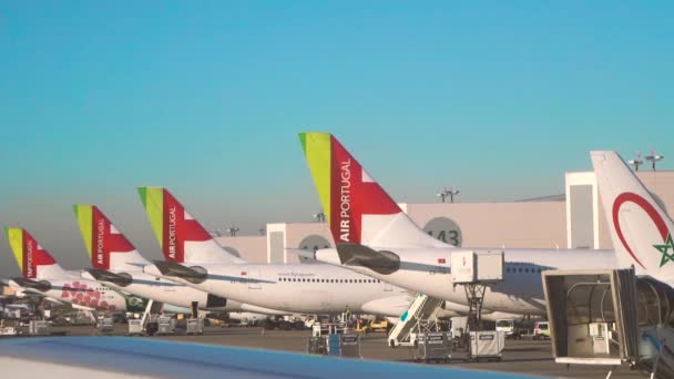 Tekoucí letadla, která jsou ukotvena na můstku na lisabonském letišti. — Stock video