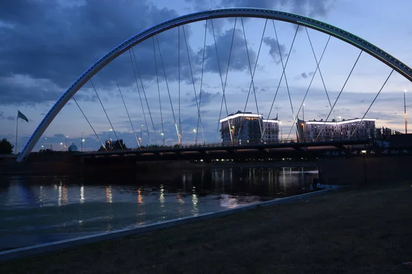 Astana Nur Sultan Kazajstán Vista Nocturna Con Edificios Modernos Río — Foto de Stock