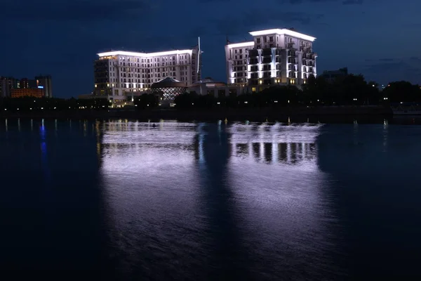 Astana Nur Sultan Kazakhstan Night View Modern Buildings Ishim River — Stock Photo, Image