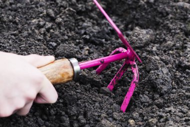 Toprak Arka Plan üzerinde elinde Bahçe Araçları. Bahar Bahçesi Wo