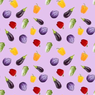 Kusursuz desenli vejetaryenlik patlıcan, biber, pembe arka planda lahana. Gouache el çizimi illüstrasyon. Taze yemek. Tekstil, ambalaj, kumaş, menü, restoran tasarımı.
