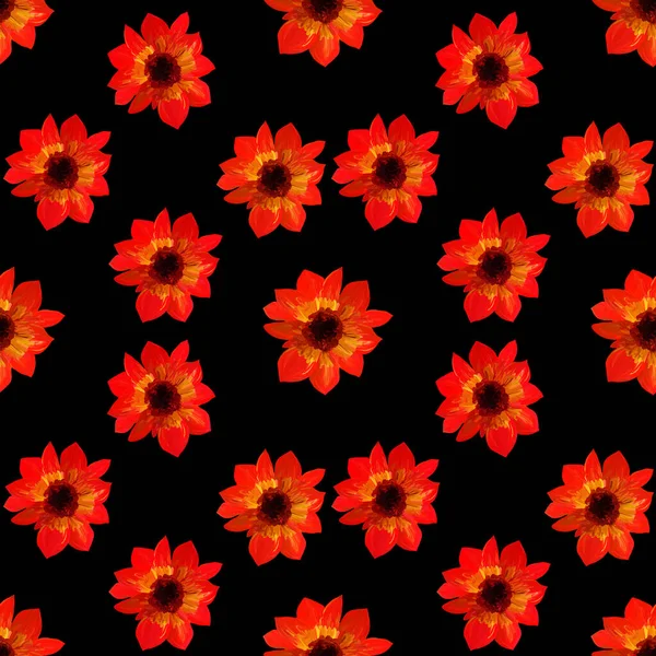 Sömlöst Mönster Röda Aster Svart Bakgrund Sömlös Blommönster Gouache Färger — Stockfoto