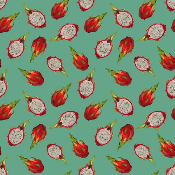Seamless pattern with dragon fruits, pitaya light green background. Hand drawn gouache illustration in watercolor style for romantic cover, tropical wallpaper, restaurant menu, packaging, textile.