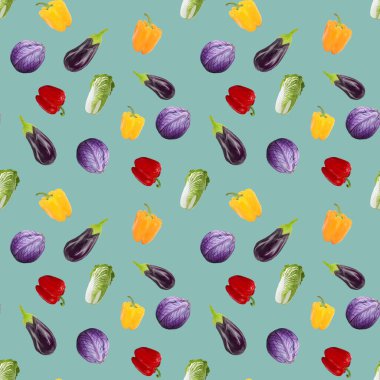 Kusursuz desenli vejetaryen patlıcan, biber, soluk turkuaz arka planda lahana. Gouache el çizimi illüstrasyon. Taze yemek. Tekstil, kumaş, menü, restoran ve kafeler için tasarım.