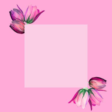  Çiçek açan lale çiçekleriyle anneler günü tebrik kartı. 8 Mart Uluslararası Kadınlar Günü 'nüz kutlu olsun. Tebrik kartı şablonu pembe arka planda çiçek açan gerçekçi pembe lalelerle.