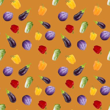 Kusursuz desenli vejetaryenlik patlıcan, biber, karamel rengi arka planda lahana. Gouache el çizimi illüstrasyon. Taze yemek. Tekstil, ambalaj, kumaş, menü, restoran ve kafeler için tasarım.