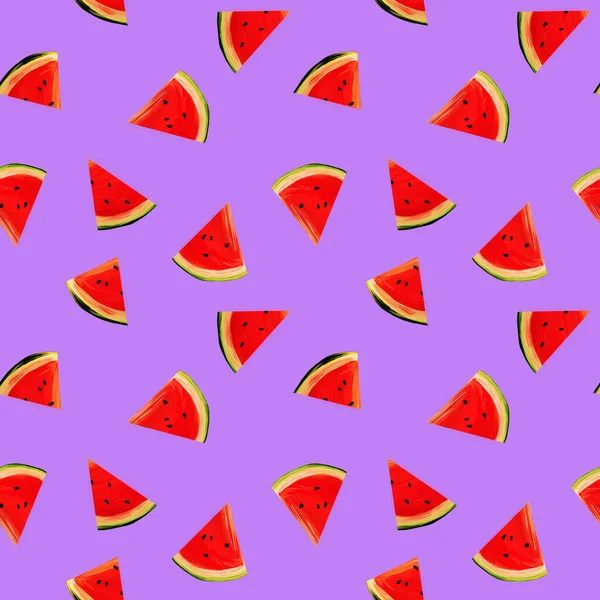 Naadloze Watermeloenen Patroon Lila Achtergrond Achtergrond Met Gouache Watermeloen Plakjes — Stockfoto