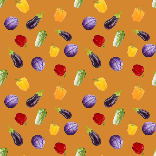 Kusursuz Desenli Vejetaryenlik Patlıcan Biber Karamel Rengi Arka Planda Lahana — Stok fotoğraf