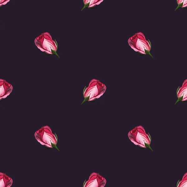 Florales Nahtloses Muster Aus Rosen Acrylmalerei Mit Rosenblütenknospen Auf Dunklem — Stockfoto