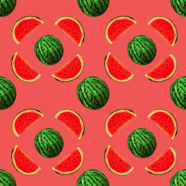 Seamless Watermelons Pattern Coral Background Background Gouache Watermelon Slices Fresh — Stock Photo, Image