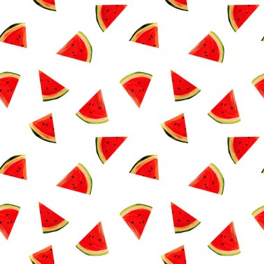 Kusursuz karpuz deseni. Beyaz arka planda gouache karpuz dilimleri ile arka plan. Taze meyveler mevsimlik düz arka plan biçimi.