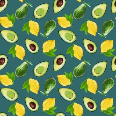 Parlak vejetaryen, boyalı, pürüzsüz desenli, el yapımı avokado ve koyu yeşil arka planda limon. Tekstil, ambalaj, kumaş, menü, restoran tasarımı.