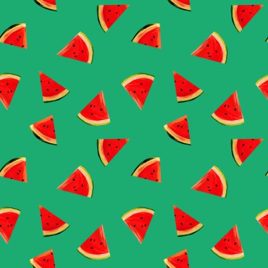 Kusursuz karpuz deseni. Arka planda yeşil arka planda gouache karpuz dilimleri var. Taze meyveler mevsimlik düz arka plan biçimi.