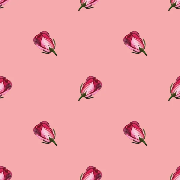 バラで作られた花のシームレスなパターン ピンクの背景にバラの花芽を持つアクリル絵具 ファブリックとテキスタイル パッケージ 壁紙の植物図 — ストック写真