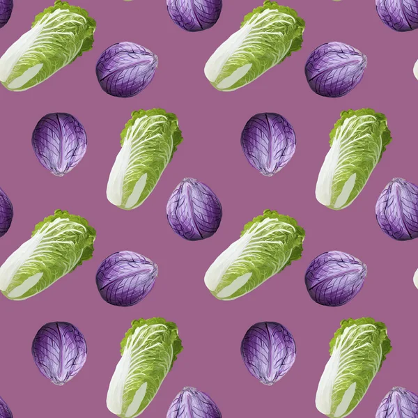 Beautiful seamless pattern with gouache hand drawn red and chinese cabages on violet background. Stock illustration. Healthy food painting for restaurant menu, packaging, textile.