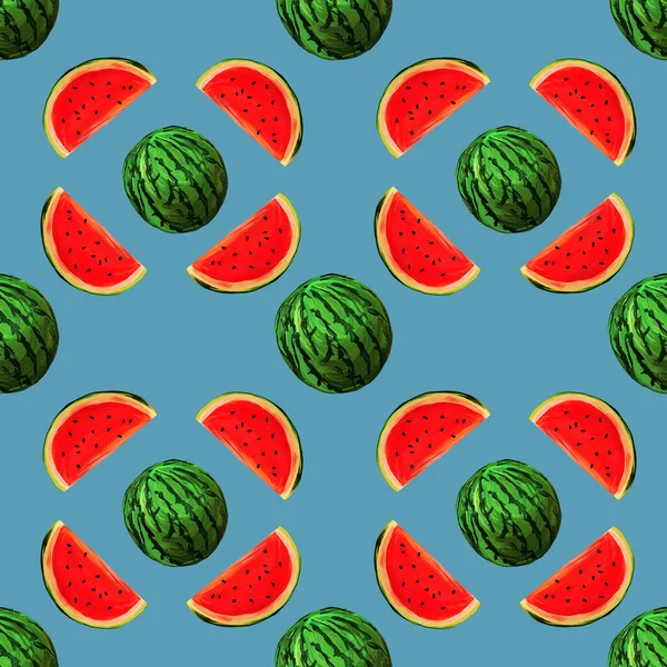 Seamless Watermelons Pattern Background Gouache Watermelon Slices Blue Background Fresh — Stock Photo, Image