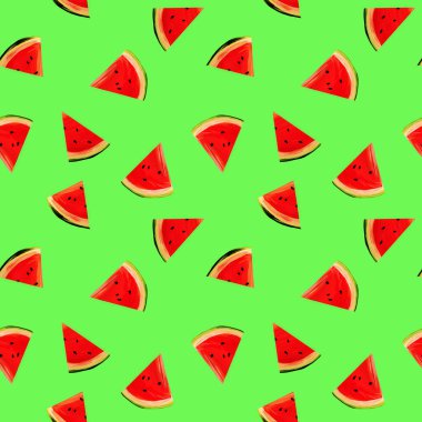 Kusursuz karpuz deseni. Açık yeşil zemin üzerinde gouache karpuz dilimleri ile arka plan. Taze meyveler mevsimlik düz arka plan biçimi.