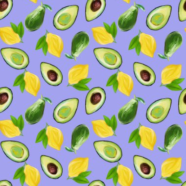Gouache avokado ve leylak arkaplanda limon ile çizilmiş parlak vejetaryen, boyalı, pürüzsüz desen. Tekstil, ambalaj, kumaş, menü, restoran tasarımı.