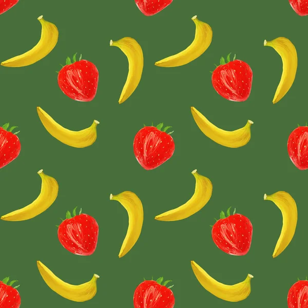 Gouache Seamless Pattern Fruits Berries Bananas Strawberry Green Background Vegetarian — Stock Photo, Image