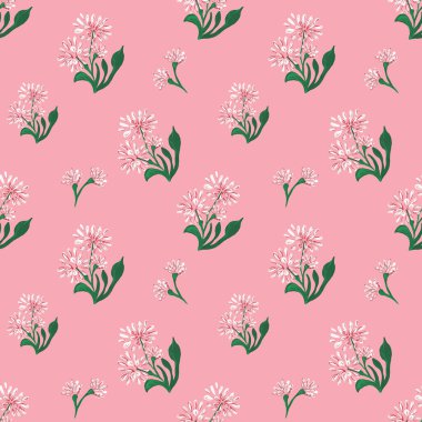 Papatya ve papatya çiçekli kusursuz desen. Gouache el çizimi resimleme pembe arka planda web sayfaları, düğün davetiyeleri, tarih kartları, tekstil, ambalaj, kumaş, duvar kağıdı için izole.