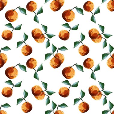 Portakallı Gouache deseni, turunçgiller, turunçgiller, beyaz arka planda yeşil yapraklar. Tekrarlanan meyve arka planı. Kumaş tekstil, menü için resimleme.