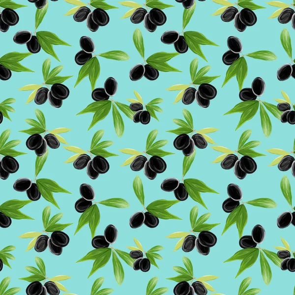 Gouache Seamless Pattern Olive Tree Branch Leaves Black Olives Turquoise — Stock fotografie