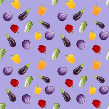 Kusursuz desenli vejetaryenlik patlıcan, biber, mor arka planda lahana. Gouache el çizimi illüstrasyon. Tekstil, ambalaj, kumaş, menü, restoran ve kafeler için taze yiyecek..