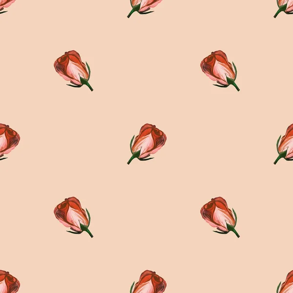 Blommig Sömlös Mönster Rosor Akrilisk Målning Med Röda Blomknoppar Beige — Stockfoto