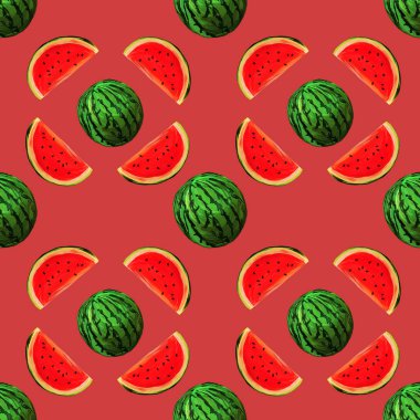Kusursuz karpuz deseni. Kırmızı arka planda gouache karpuz dilimleri ile arka plan. Taze meyveler mevsimlik düz arka plan biçimi.