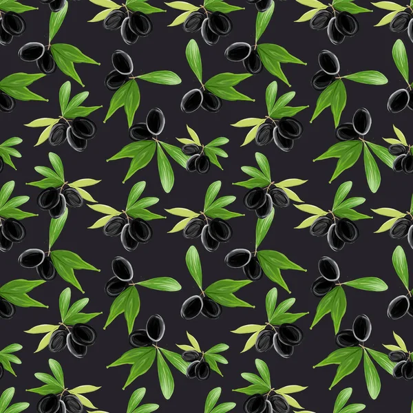 Gouache seamless pattern with olive tree branch, leaves and black olives on black background. Hand painted botanical illustration for textiles, packaging, fabrics, menus, restaurants.