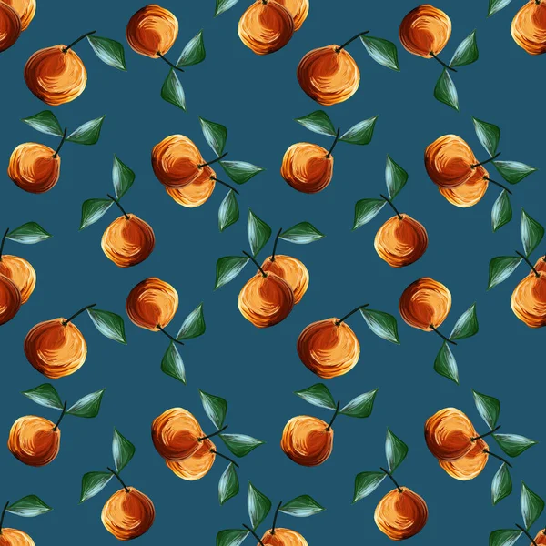 Gouache Seamless Pattern Oranges Tangerines Citrus Fruits Green Leaves Isolated — 图库照片