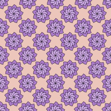 Kiremit desenli, bej arka planda leylak çiçekli süsler. Mutfak duvar kağıdı ya da banyo döşemesi için çiçek dokusu. ambalaj kağıdı, arkaplan, kumaş baskısı, duvar kağıdı olarak kullanılabilir.