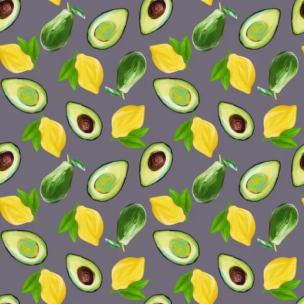 Bright Vegetarian Fruit Painted Seamless Pattern Hand Drawn Gouache Avocado — Stock fotografie