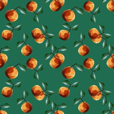 Portakallı Gouache desenli turunçgiller yeşil arka planda izole edilmiş yeşil yapraklar. Tekrarlanan meyve arka planı. Kumaş tekstil, menü için resimleme.