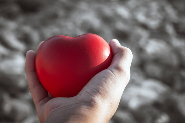 Hand holding red heart over gray background. Love, healthcare, family, insurance, donation concept.