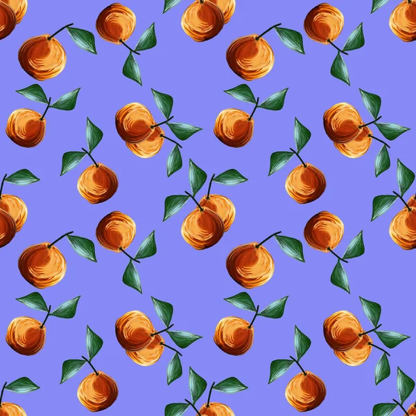 Padrão sem emenda guache com tangerinas laranjas citrinos folhas verdes isoladas em fundo lilás. Fruta fundo repetido. illust para tecido têxtil, menu — Fotografia de Stock
