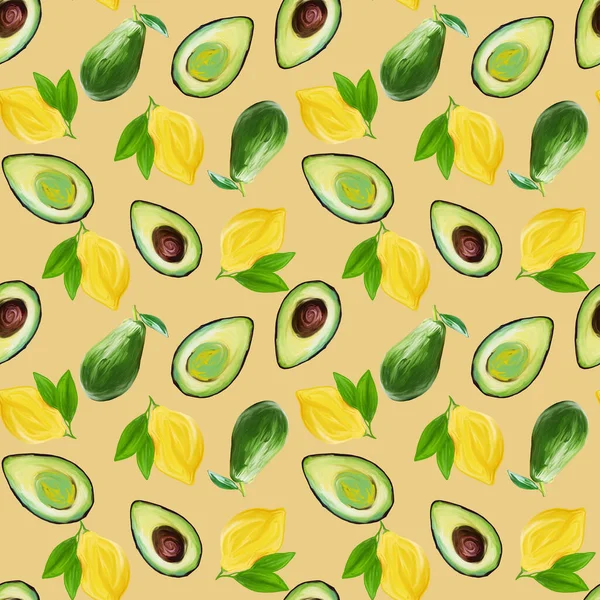 Bright vegetarian Fruit Painted Seamless Pattern hand-drawn in gouache avocado and lemon Design for textiles, packaging, fabrics, menus, restaurants — Stock Photo, Image